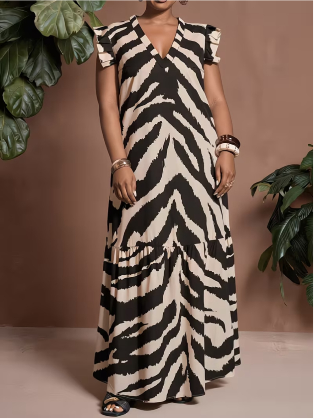 Osadia Plus Size 3X Zebra Print Maxi Dress Ruffle Sleeve V Neck Polyester Boho - Picture 8 of 8